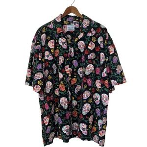 David Carey Day of the Dead Camp Sugar Skulls Roses Button Down Shirt Size 2XL
